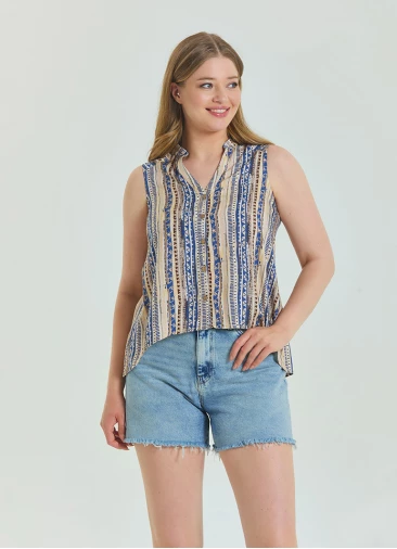 Shirt Collar Asymmetric Cut Beige Ethnic Blouse 4562